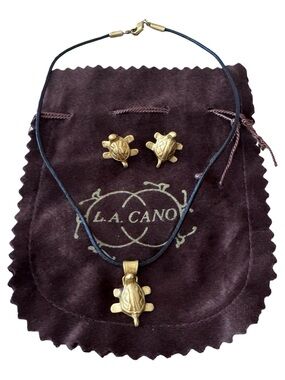 L.A Cano Leather Choker Necklace & Earrings Turtle Set 24K Gold Plated